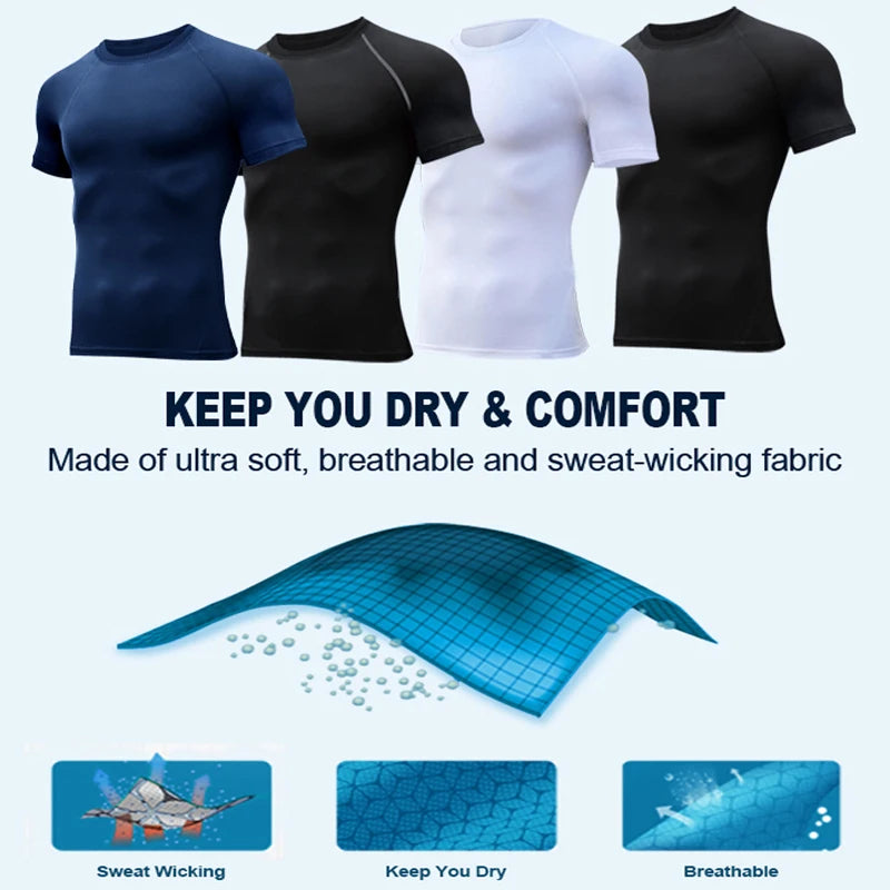 Men's Print Compression Shirts Summer Short Sleeve Rash Guard Gym Workout T-shirt Athletic Quick Dry Baselayer Undershirts Tops