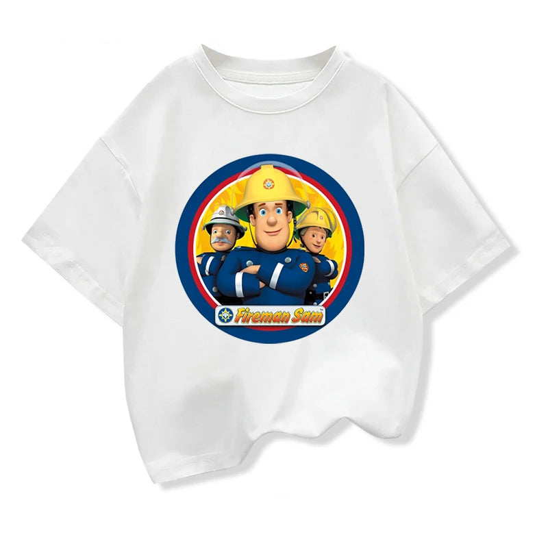 Newest Fireman Sam Printed Kids Summer Clothes Junior Boys Short Sleeve Tops Baby Girls Pure Cotton T-shirts Children Clothing