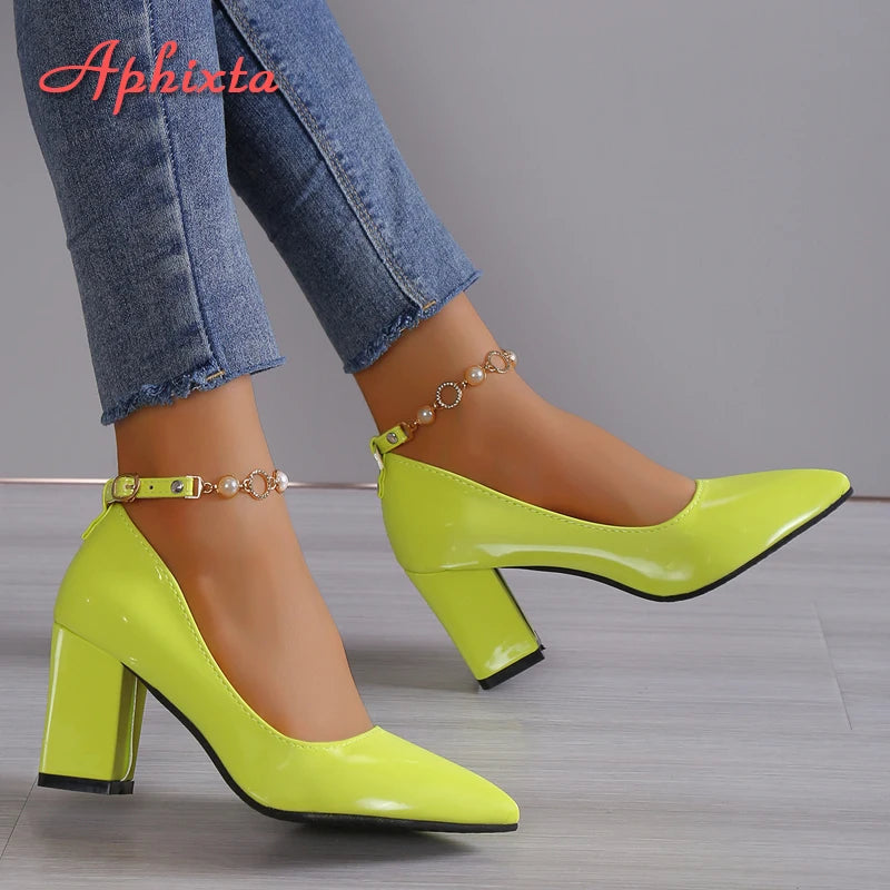 Aphixta 2024New Luxury Rhinestone Pearl Chain 7cm Chunky Heels Pumps Women Shoes String Bead Pointed Toe Bling Crystals Pumps