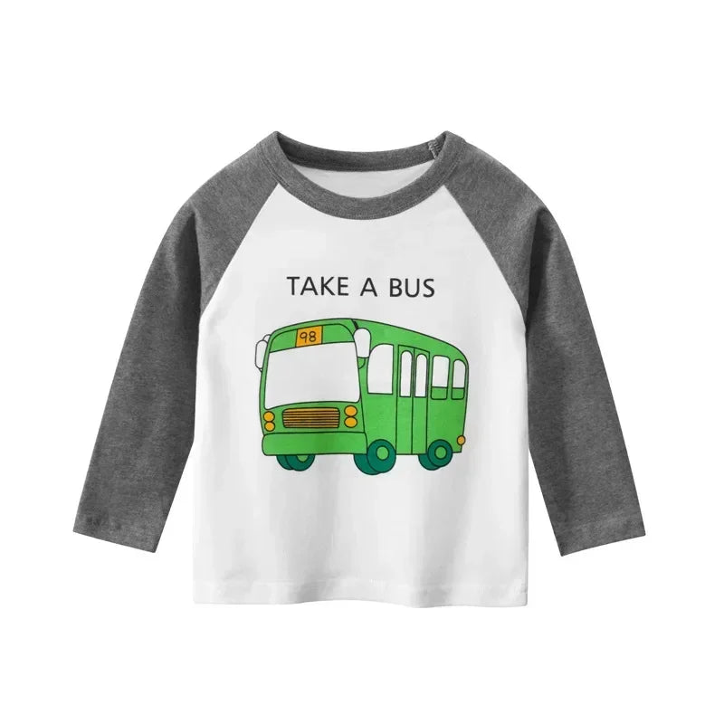 2025 Autumn T Shirt Cartoon Car T-shirt Boys Girls Baby Kids Clothes Cotton Long Sleeve Top for Boy Children's Clothing 2-9 Year