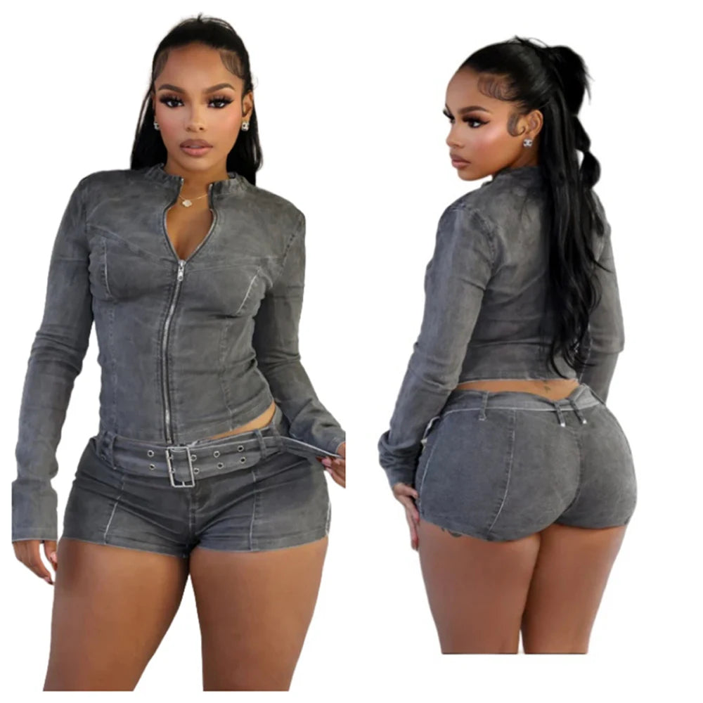 Sexy Denim Womens 2 Two Piece Set Stretchy Long Sleeve Zip Up Slim Jackets and Shorts Suits Y2k Streetwear Belt Jean Outfit Sets