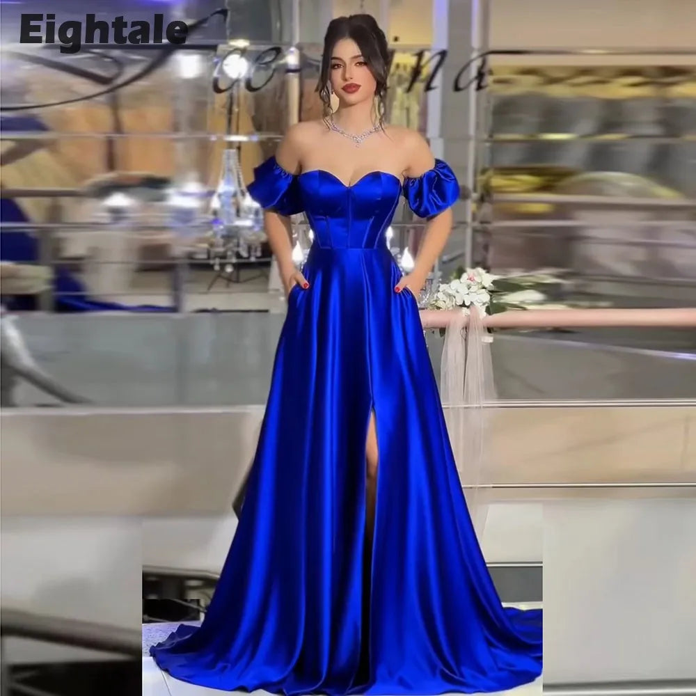 Eightale Royal Blue Evening Dresses Sweetheart Off  the Shoulder Customized Satin Prom Wedding Party Gown Vestido De Fiesta